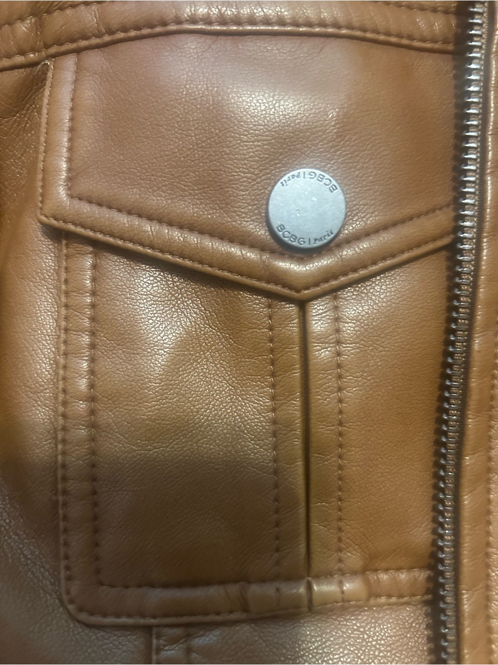 BCBG Tan Faux-Leather Moto Jacket with Cream Sherpa Collar - Picture 14 of 15